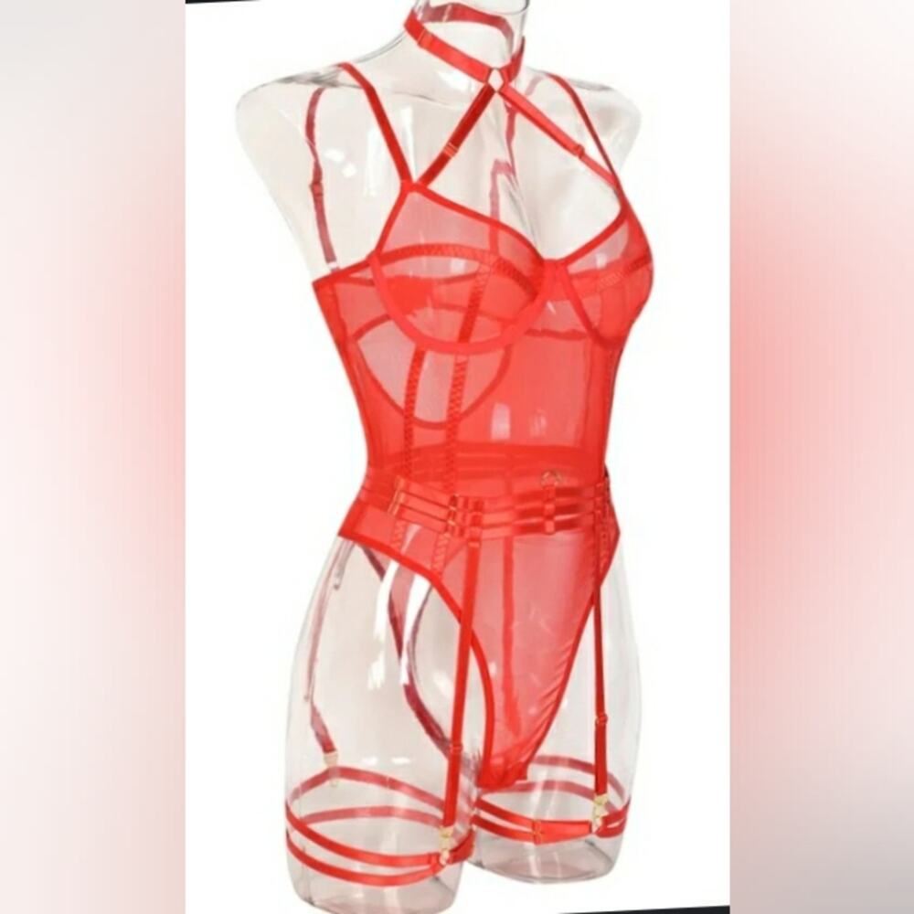 Red Lace 2 Piece Garter Bodysuit Lingerie Set XL